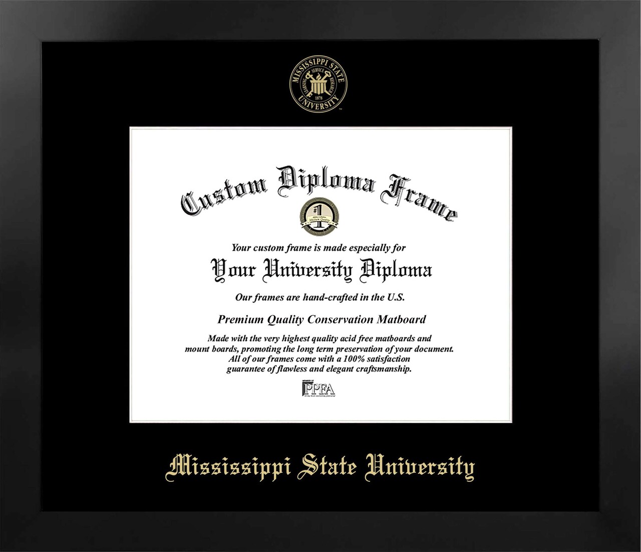 Mississippi State University 11w x 8.5h Manhattan Black Single Mat Gold Embossed Diploma Frame with Bonus Campus Images Lithograph (value savings at $59)